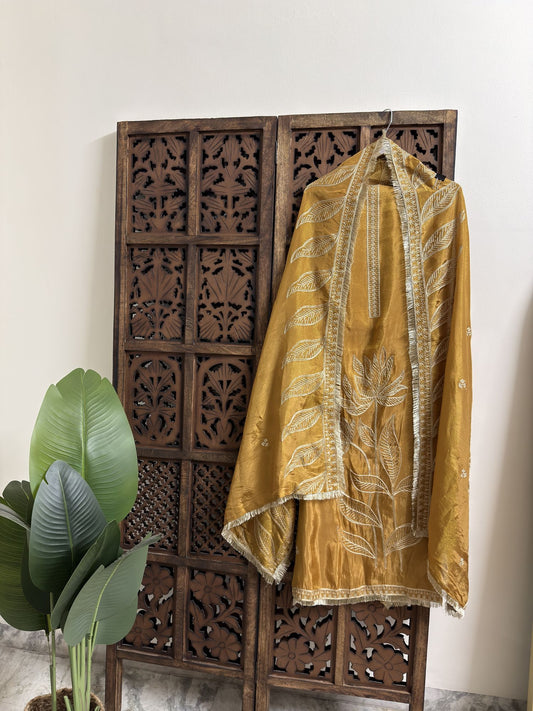 Mustard Gold Unstitched suit with kiran Lace