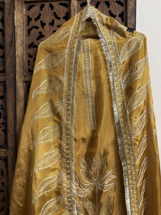 Mustard Gold Unstitched suit with kiran Lace